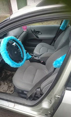 Gorgeous Teal Turquoise Car Steering wheel cover & matching fuzzy faux fur seatbelt pad set Poppys Crafts