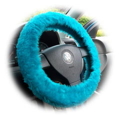 Teal Turquoise fuzzy faux fur car steering wheel cover Poppys Crafts