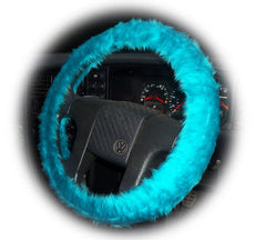 Gorgeous Teal Turquoise Car Steering wheel cover & matching fuzzy faux fur seatbelt pad set Poppys Crafts