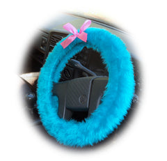 Turquoise / Teal fuzzy car steering wheel cover faux fur with Barbie Pink satin Bow
