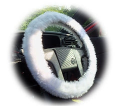 White fluffy steering wheel cover and matching faux fur seatbelt pads Poppys Crafts