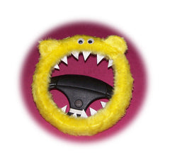 Fuzzy faux fur Yellow Monster steering wheel cover with googly eyes, ears, and teeth Poppys Crafts