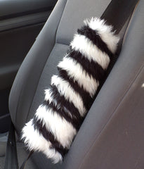 Zebra print fuzzy car seatbelt pads black and white stripe 1 pair Poppys Crafts